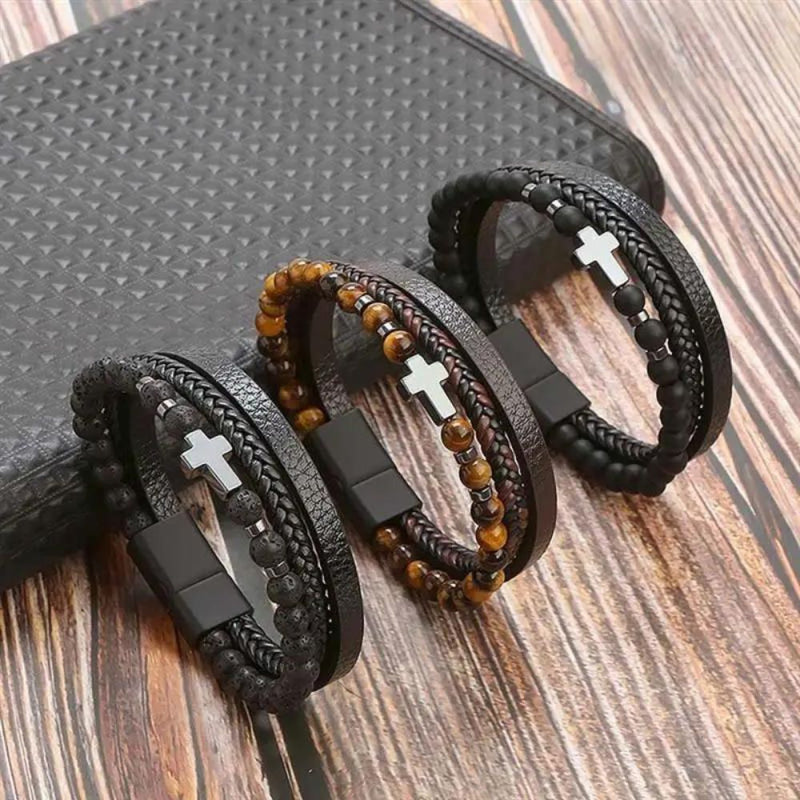 Pulseira Masculina Multicamadas Christ em Couro e Aço Inoxidável