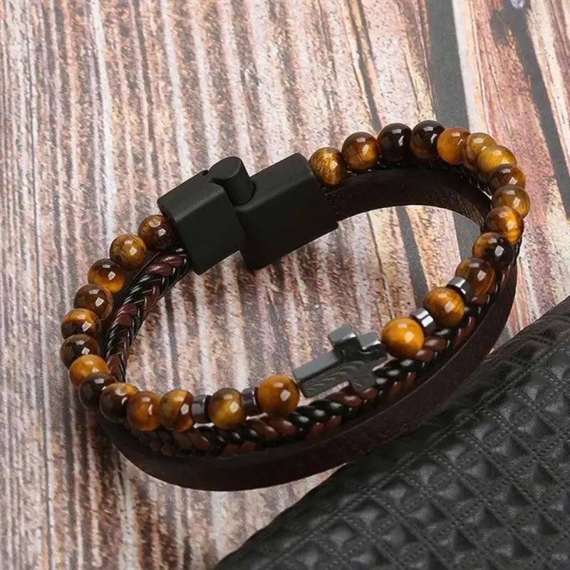 Pulseira Masculina Multicamadas Christ em Couro e Aço Inoxidável