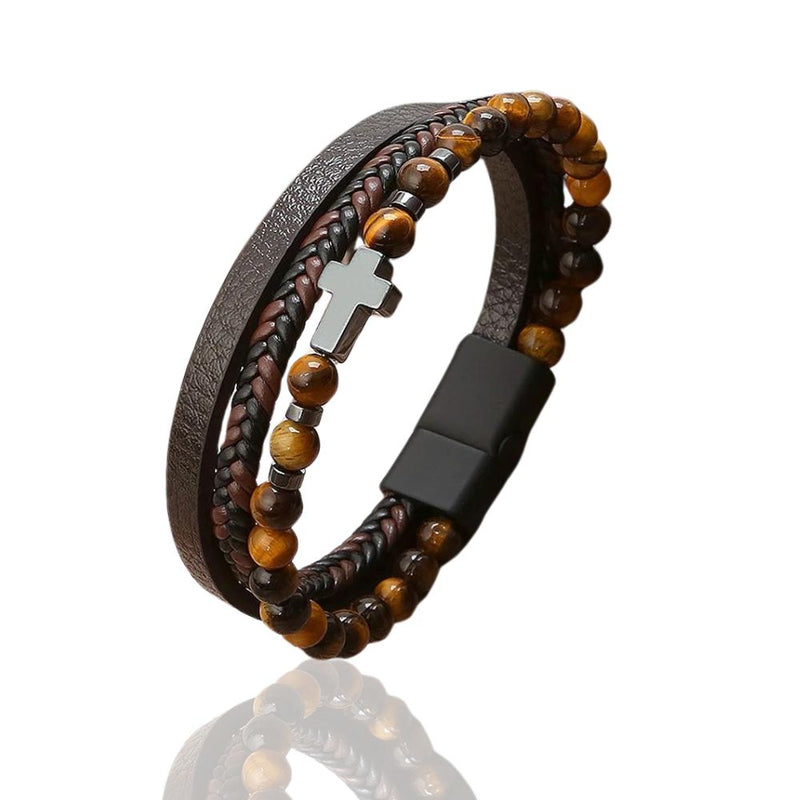 Pulseira Masculina Multicamadas Christ em Couro e Aço Inoxidável