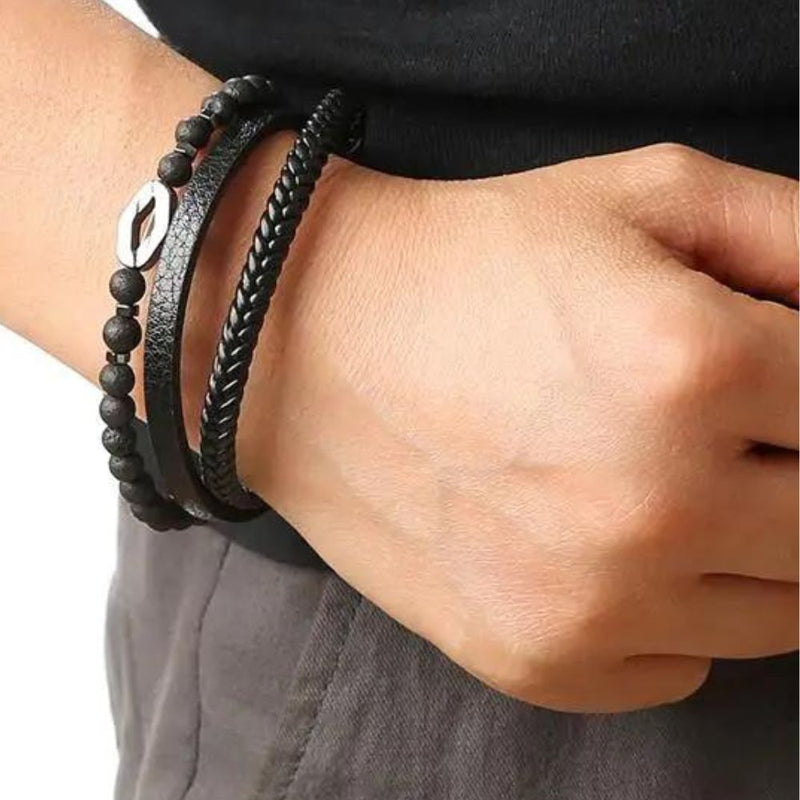 Pulseira Masculina Multicamadas de Couro com Elo Losango em Aço Inoxidável