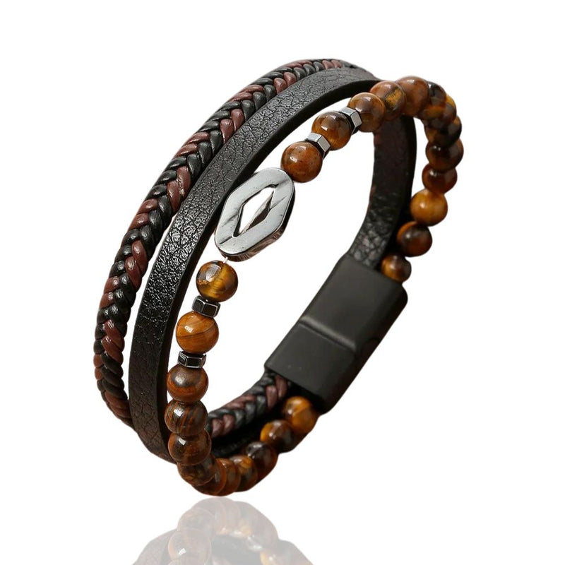 Pulseira Masculina Multicamadas de Couro com Elo Losango em Aço Inoxidável