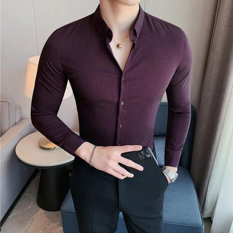 Camisa Social Masculina Anti-Rugas Manga Longa com Alta Elasticidade