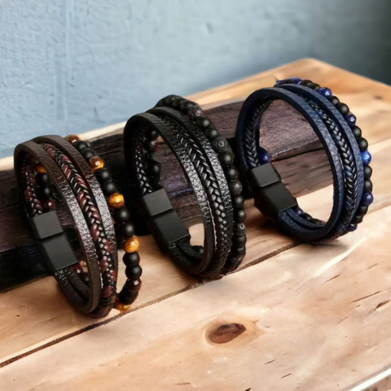 Pulseira Masculina Multicamadas em Couro Olho de Tigre