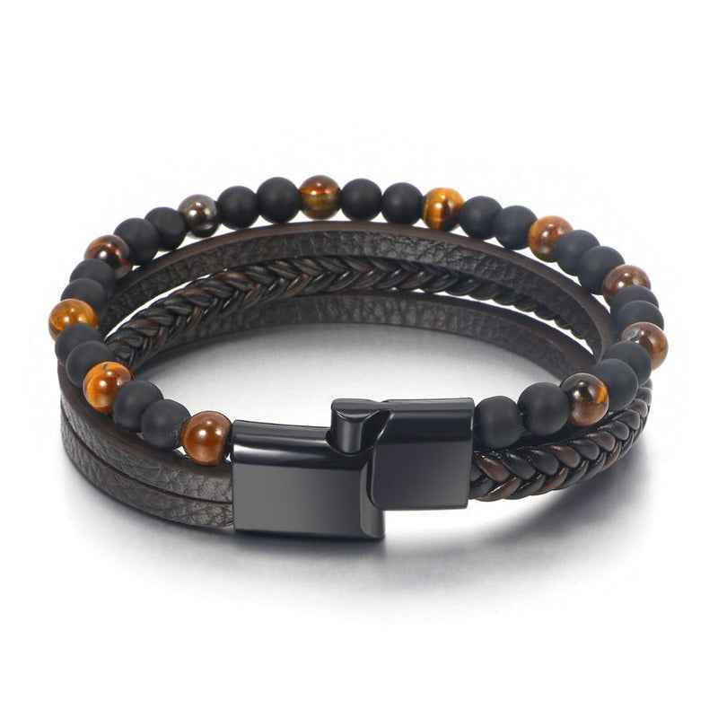 Pulseira Masculina Multicamadas em Couro Olho de Tigre