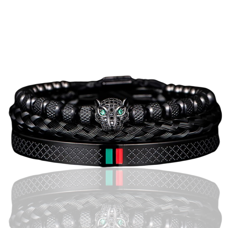 Conjunto Pulseira Masculina Luxuosa em Aço Inoxidável e Leopardo Cravejado