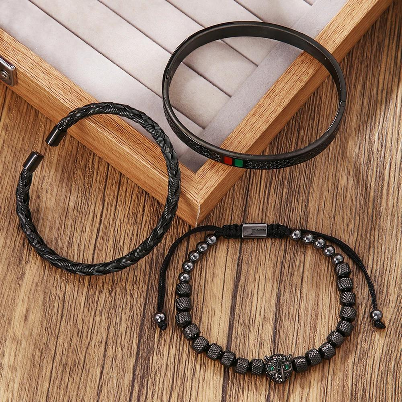 Conjunto Pulseira Masculina Luxuosa em Aço Inoxidável e Leopardo Cravejado