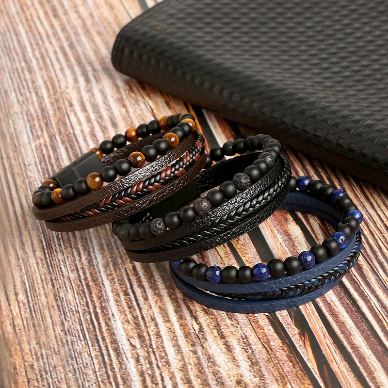 Pulseira Masculina Multicamadas em Couro Olho de Tigre