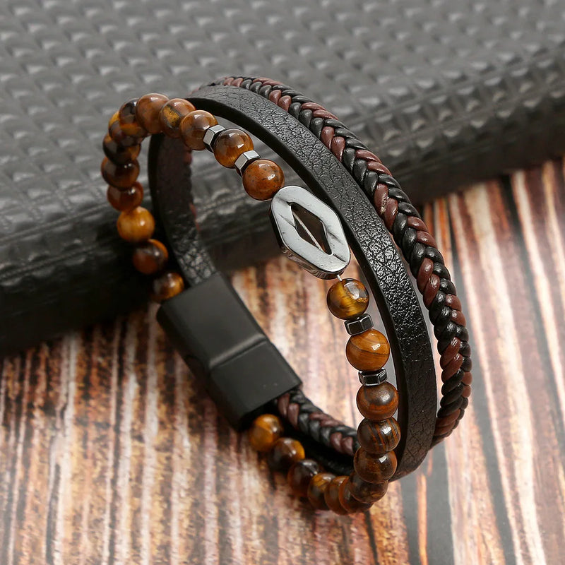 Pulseira Masculina Multicamadas de Couro com Elo Losango em Aço Inoxidável