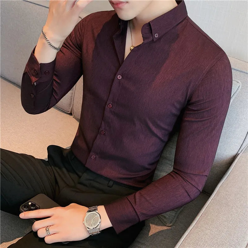 Camisa Social Masculina Anti-Rugas Manga Longa com Alta Elasticidade