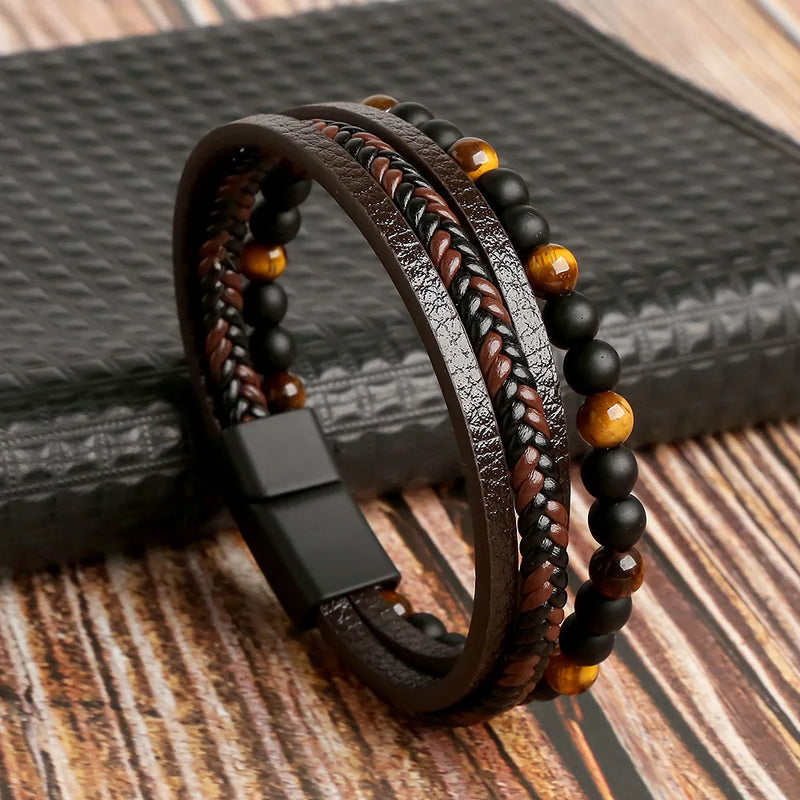 Pulseira Masculina Multicamadas em Couro Olho de Tigre